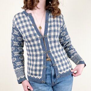 Vintage Fair Isle Scandinavian Plaid Knit Cardigan Sweater Christmas Winter Fall